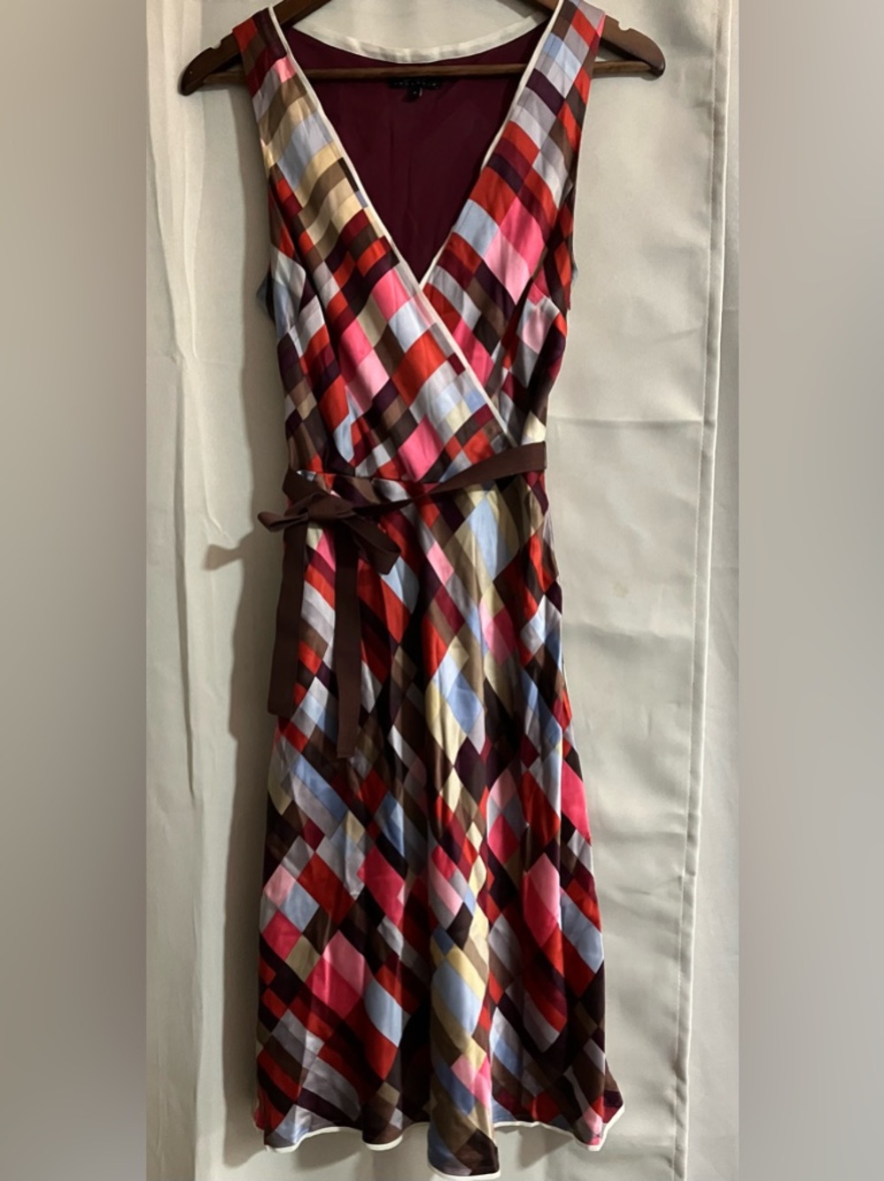 BCBG Multi-Color Diamond Print Wrap Midi Dress with Plumb Tie